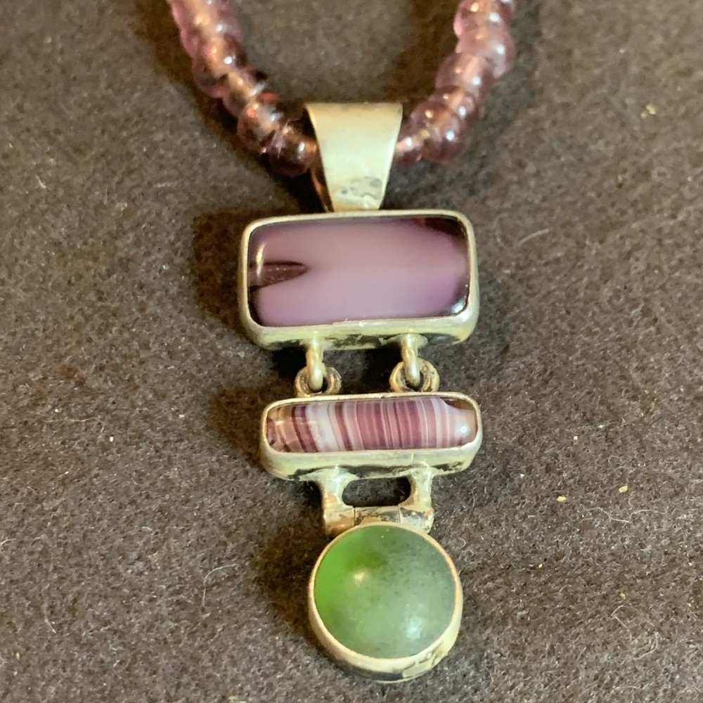 Purple and Green Stone Pendant Necklace marked JLR 925